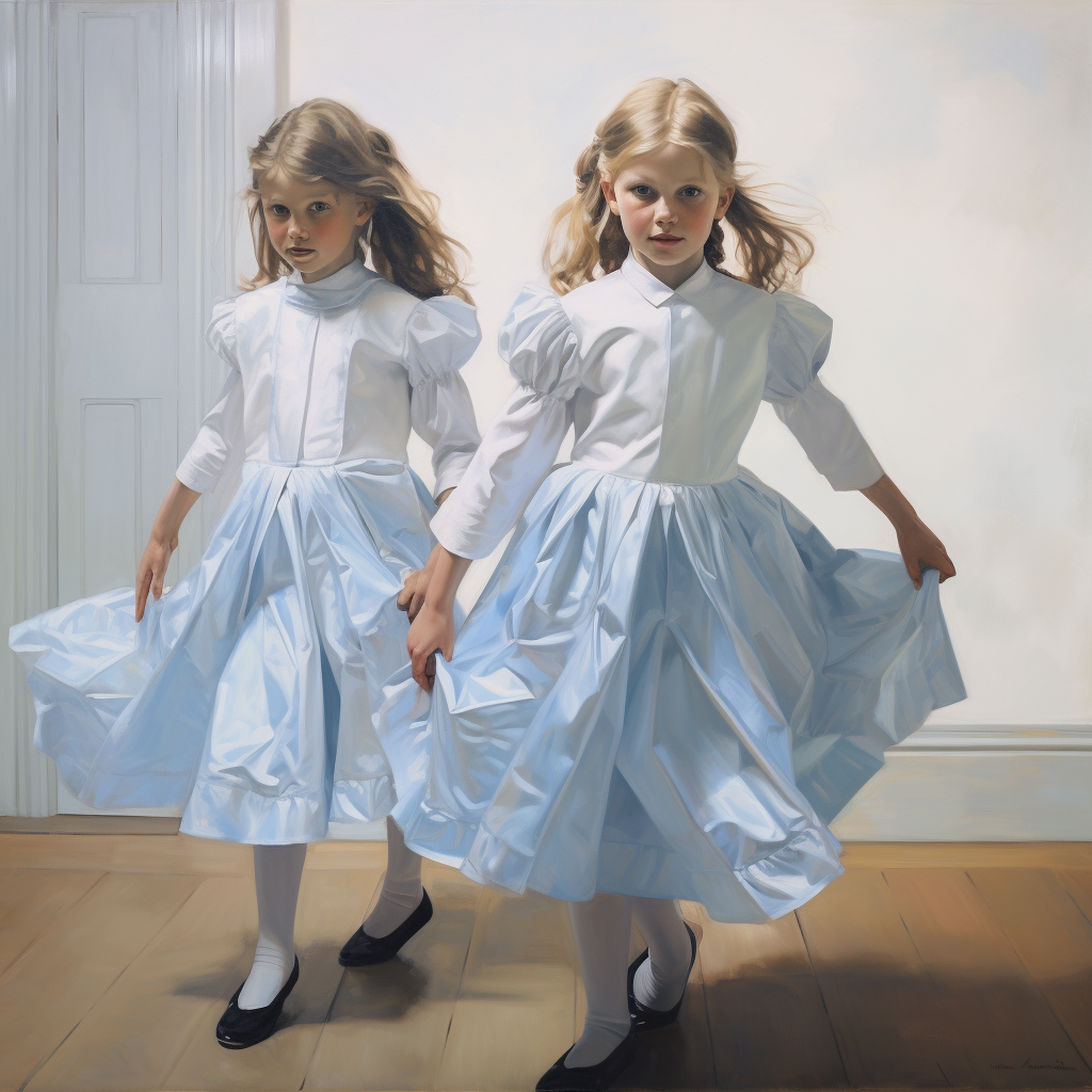 Two girls dancing together on a white background