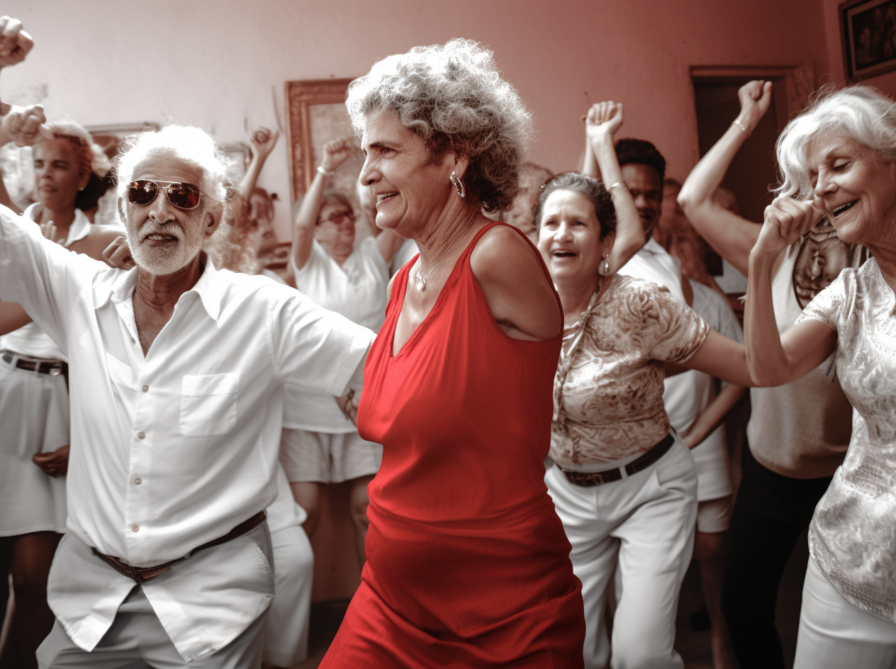 Group of people dancing in white and red