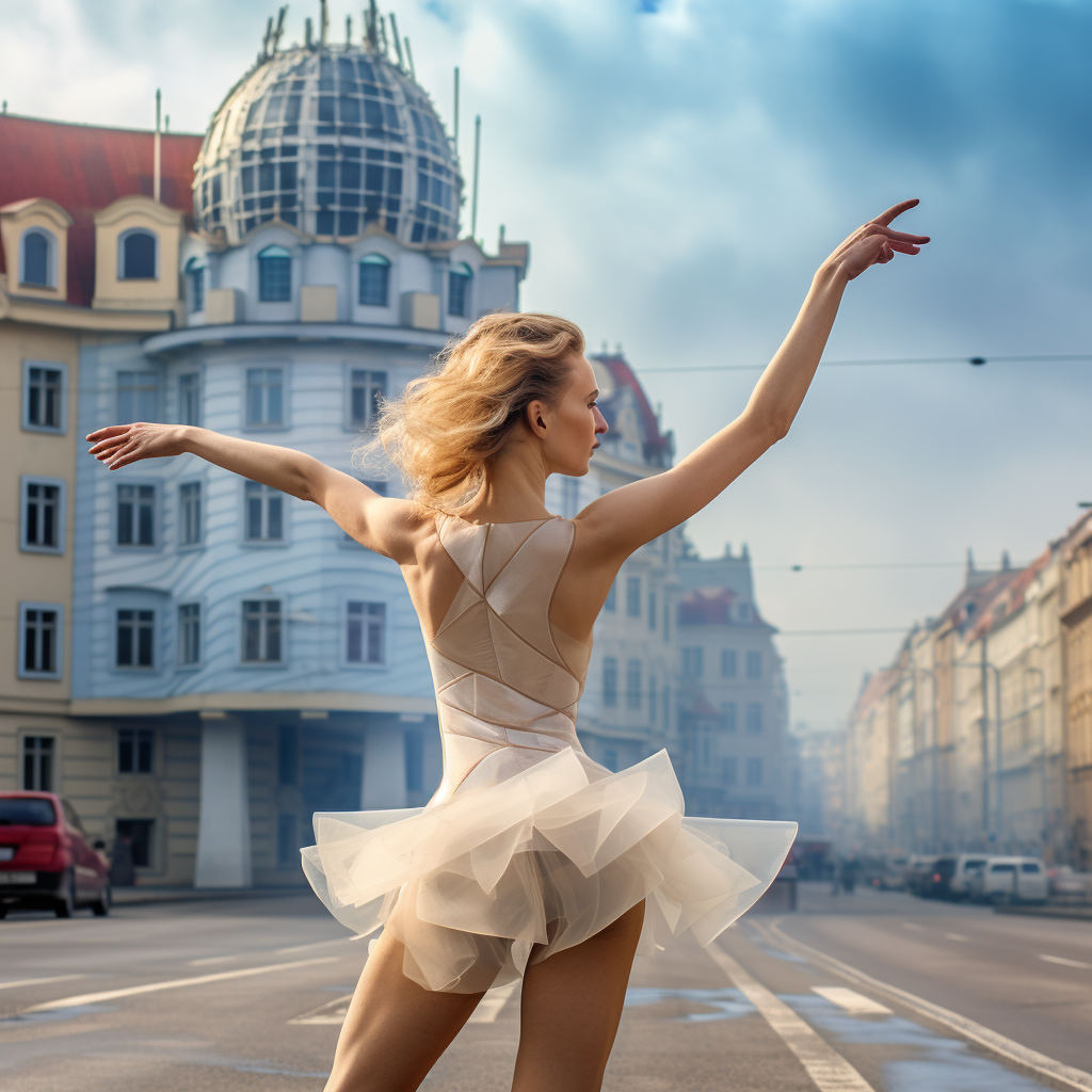 Ballerina resting her back against the Dancing House