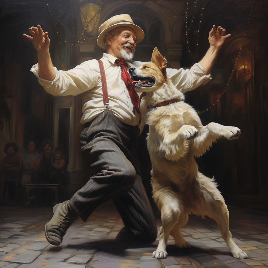 man dancing with dog happily