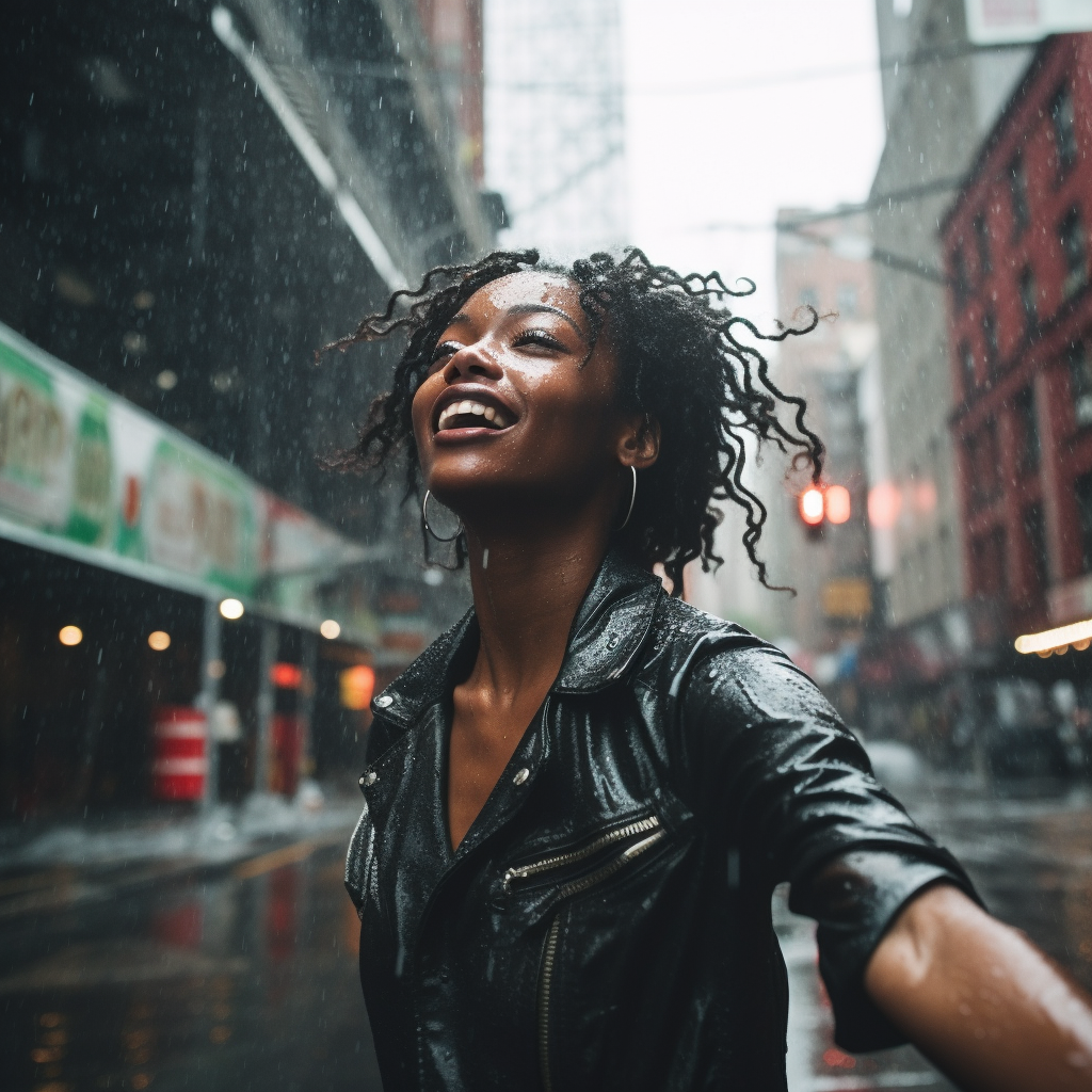 Young black woman dancing in the rain