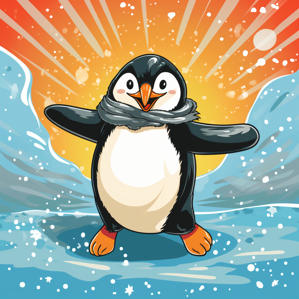 Cartoon penguin dancing joyfully in the snow