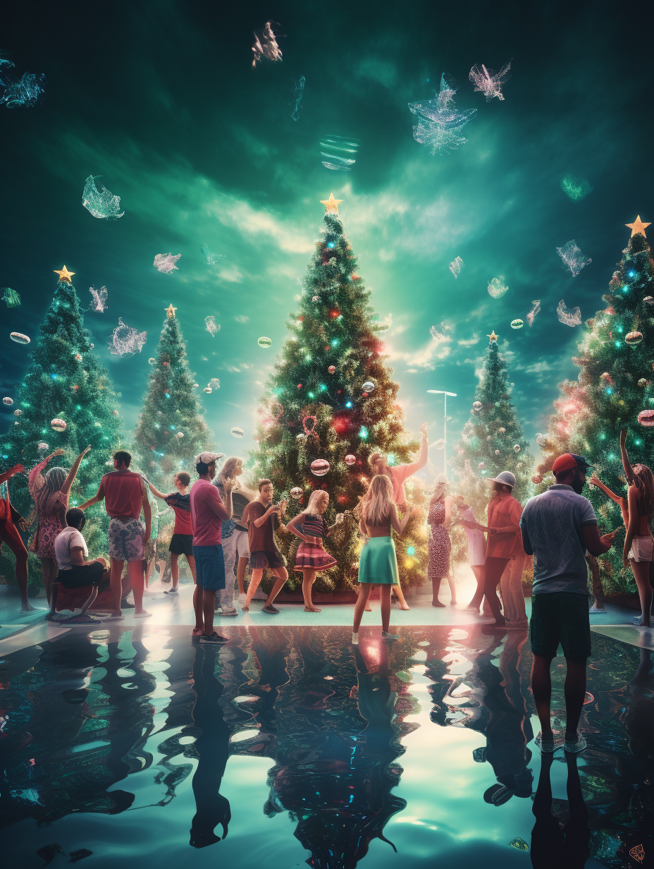 Group of people dancing at a Christmas pool party