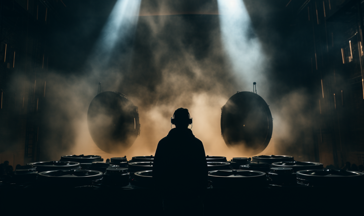 Shadow of a person dancing in front of huge speaker