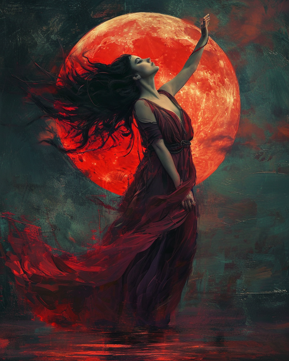 Beautiful sorceress dancing under the red moon