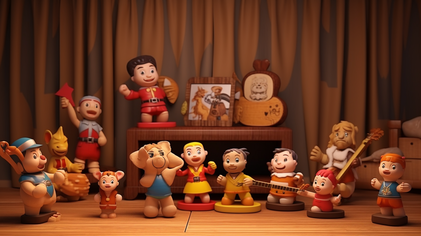 Wooden soldier and stuffed animals dancing in toy chest