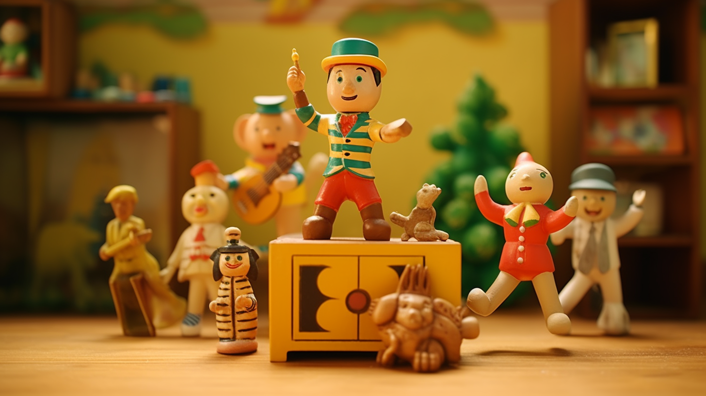 Wooden soldier and stuffed animals dancing in chest