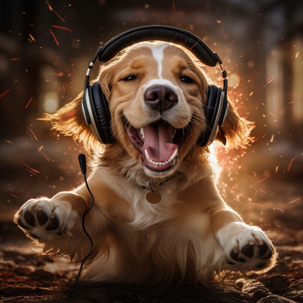 Adorable dog enjoying music with headphones