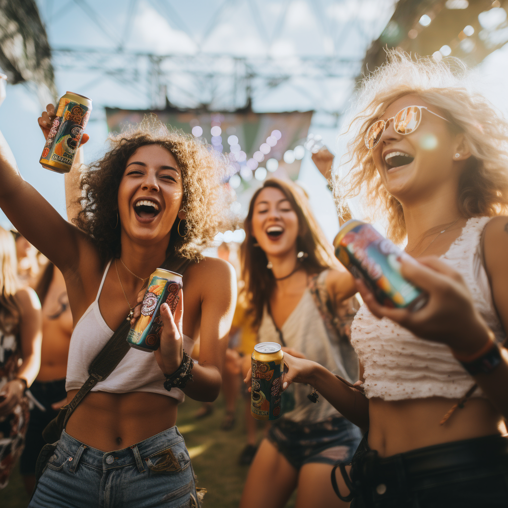 Females dancing at outdoor music festival with soda cans