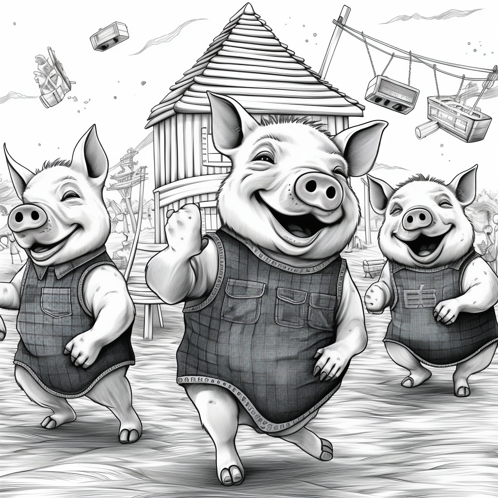 Hand-drawn dancing pigs having a party