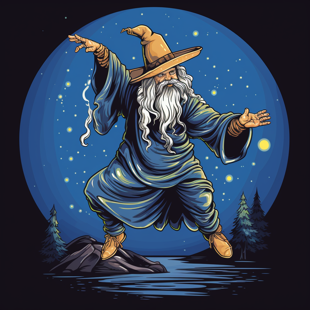 Cartoon dancing wizard with magical moves