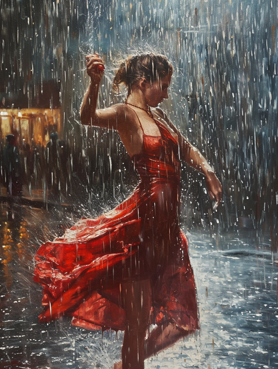 Dancing woman in the rain, embracing modernity and surrealism