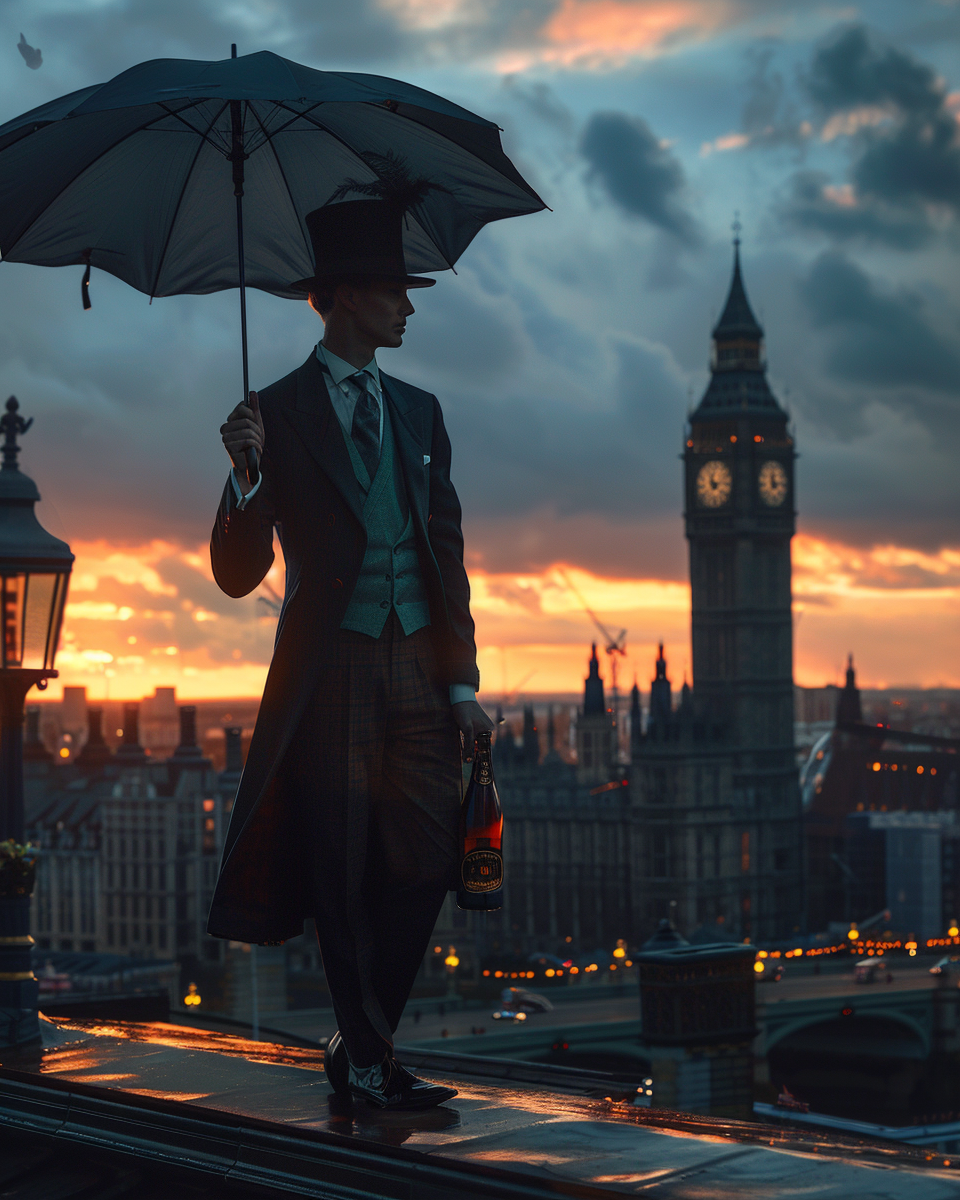 Dandy man in suit with umbrella and champagne