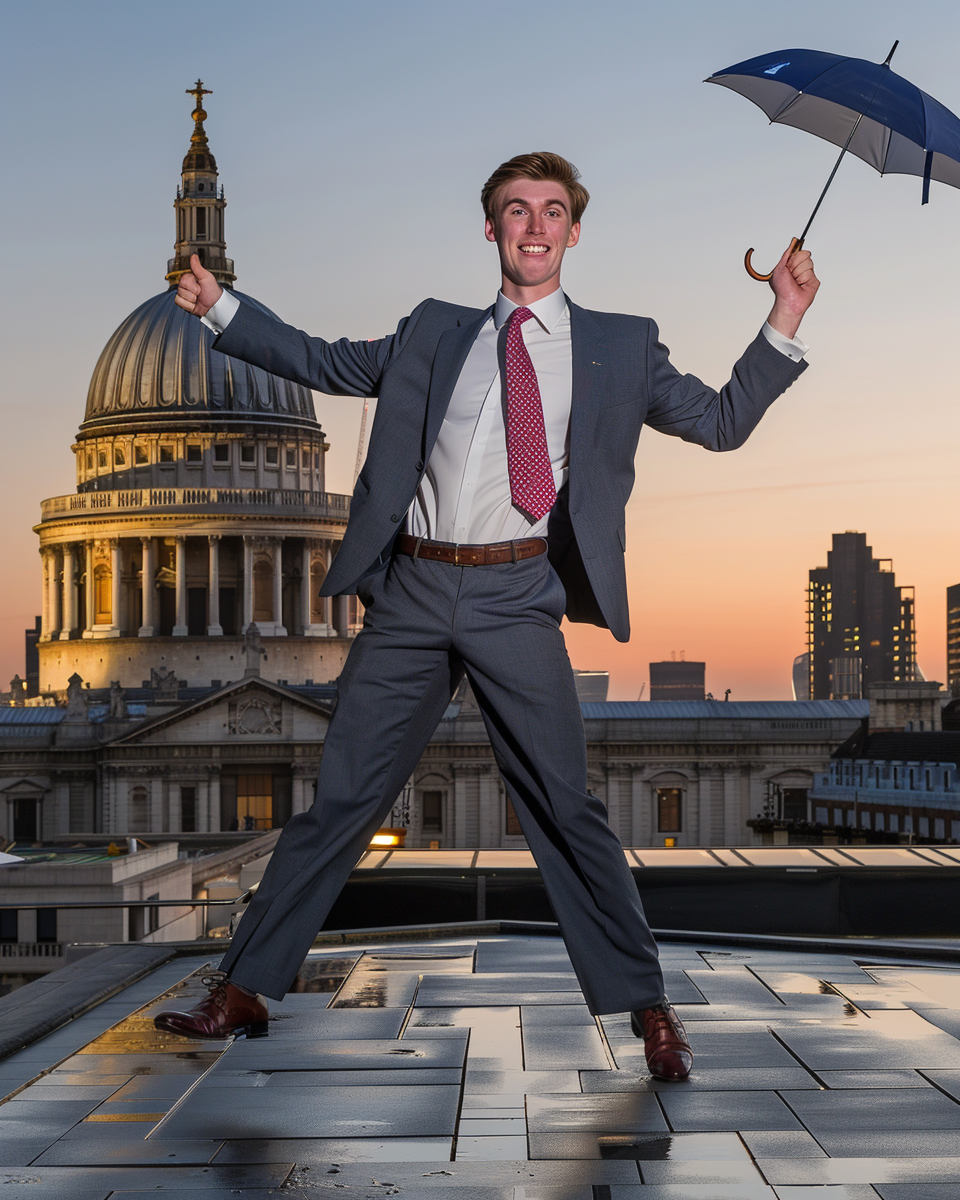 Dandy man dancing on London rooftop