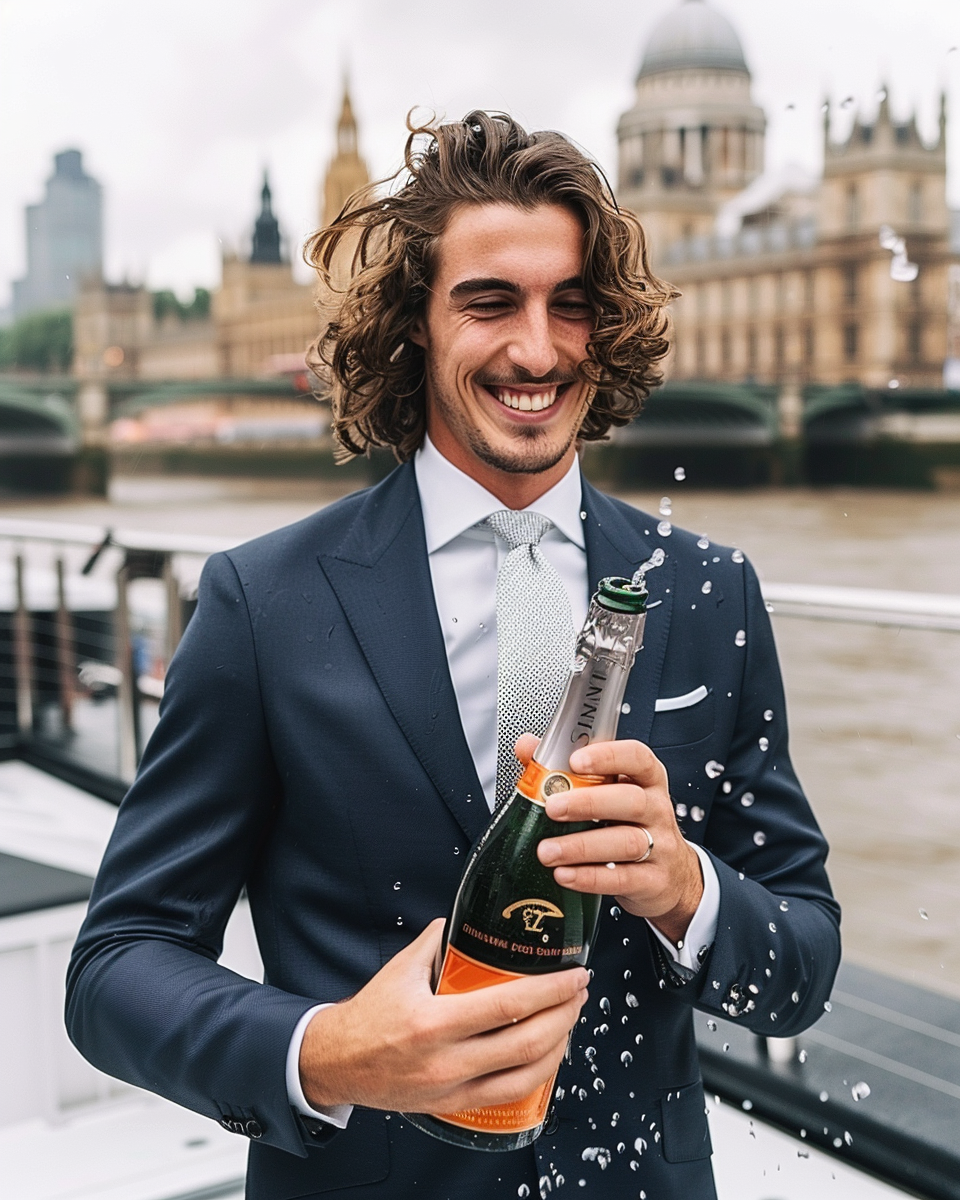 Dandy man wearing suit umbrella