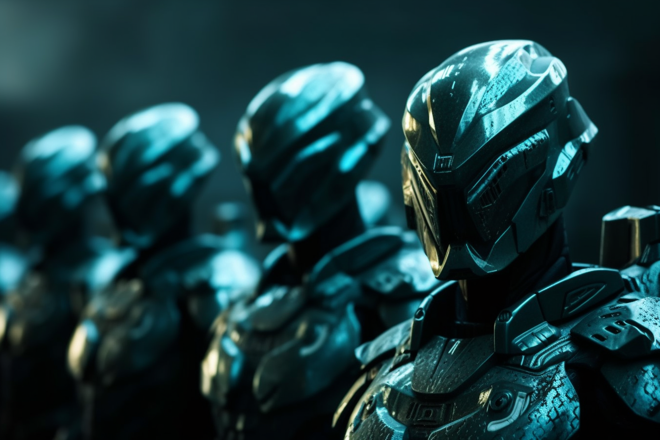 Close up portrait of Dangerous Sci-fi Army in light Malachit armor