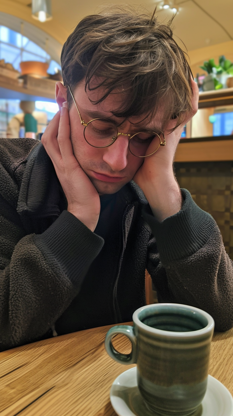 Daniel Radcliffe as Harry Potter in a cafe