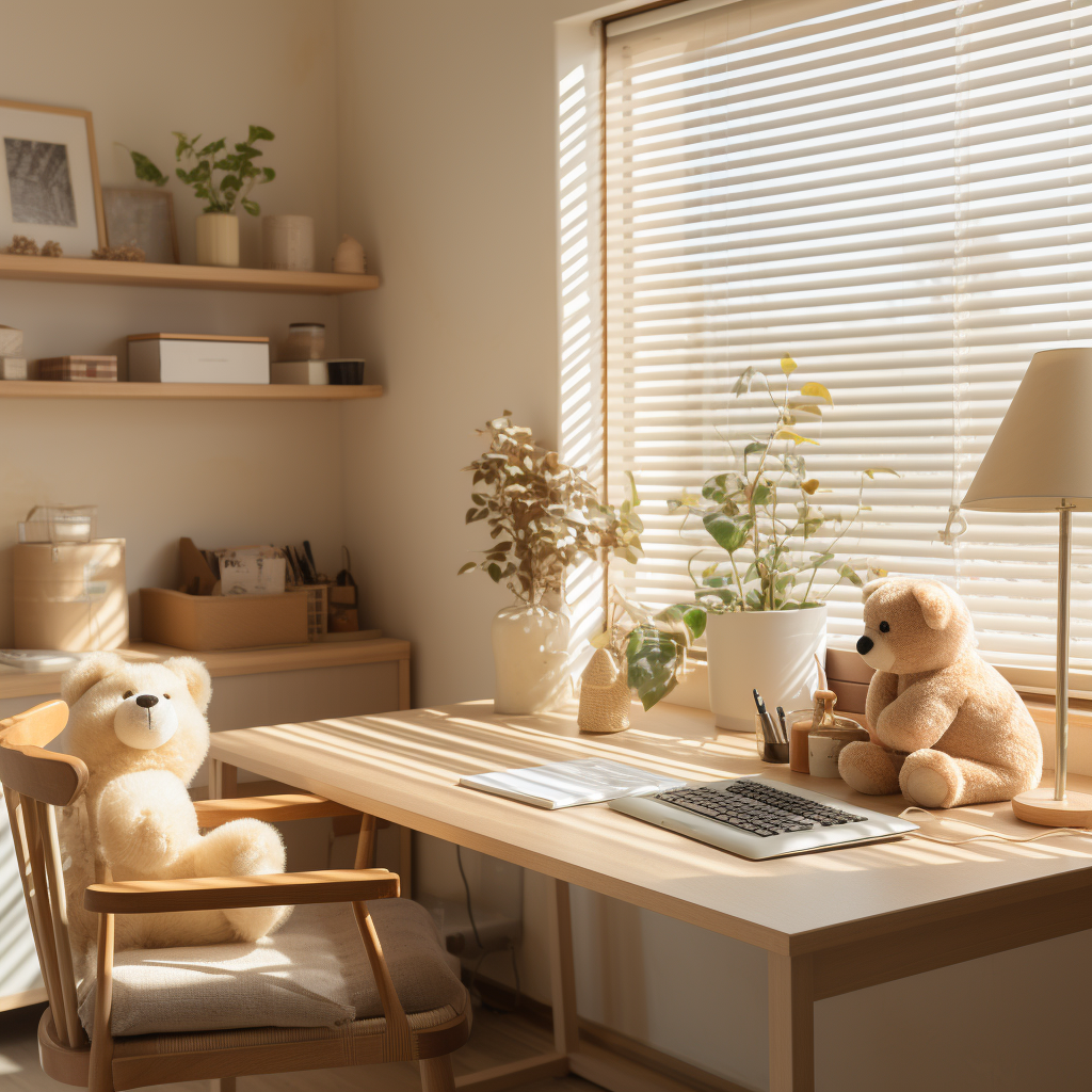 Minimalist Danish designer desk with sunray blinds and lighting