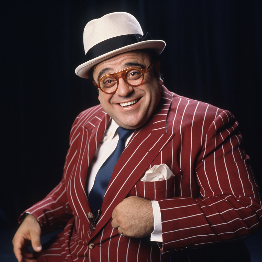 Likable Danny DeVito in pinstripe suit