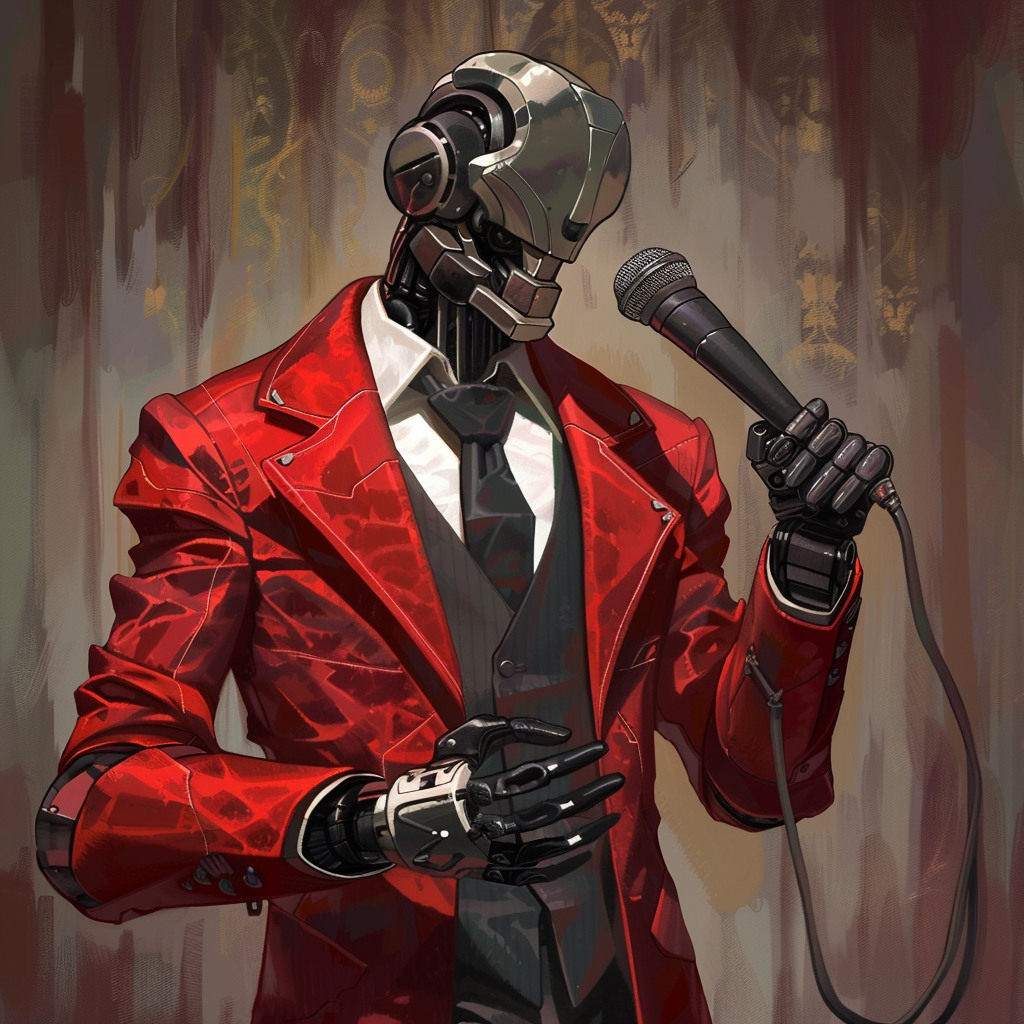 Warforged in red suit with mic