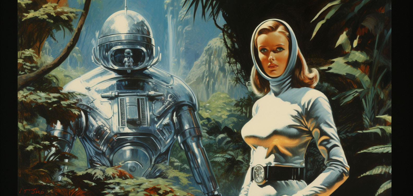 Daring space hero and bronze robot in futuristic jungle