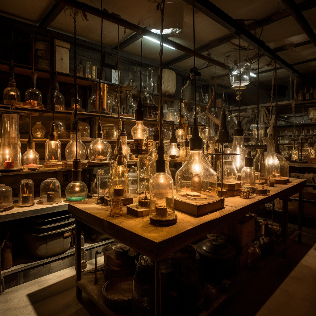 Antique lightbulbs in a dark laboratory