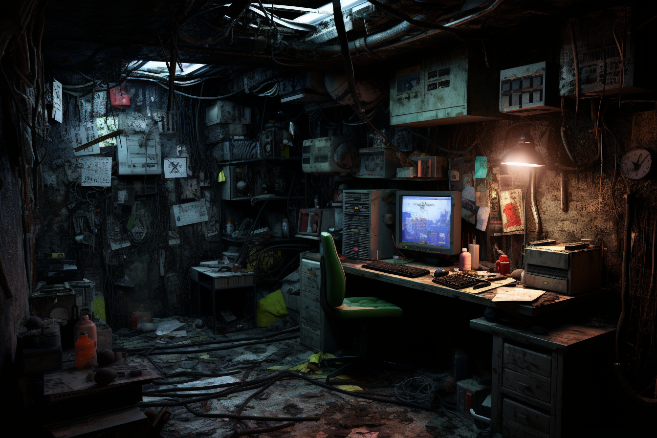 Dark 80s-inspired messy bunker house interior