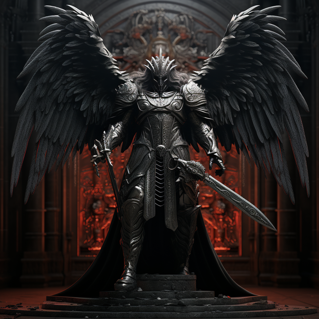 Dark angel knight statue protecting temple entrance