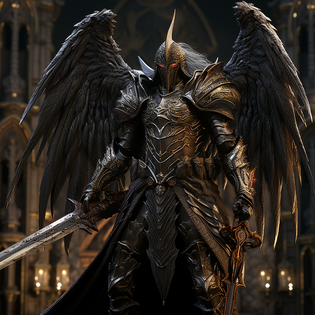 Dark angel knight protecting temple entrance