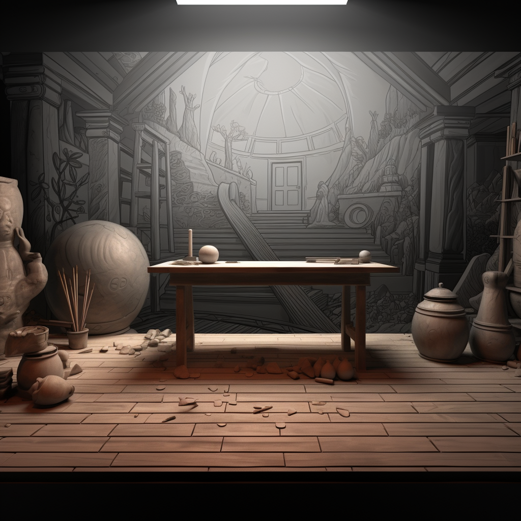 Dark attic with Greek mythology vase