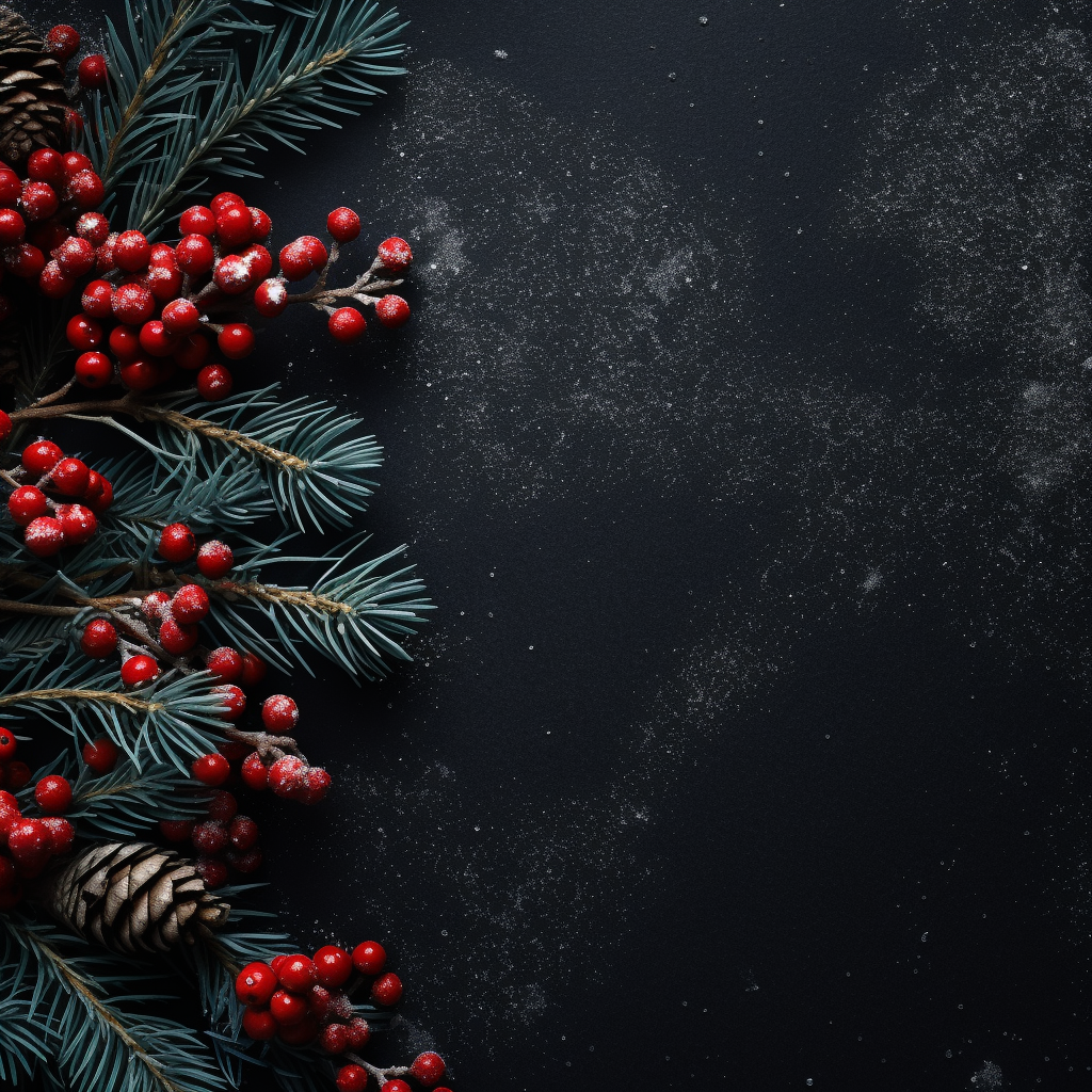 Red Berries and Pine on Dark Background