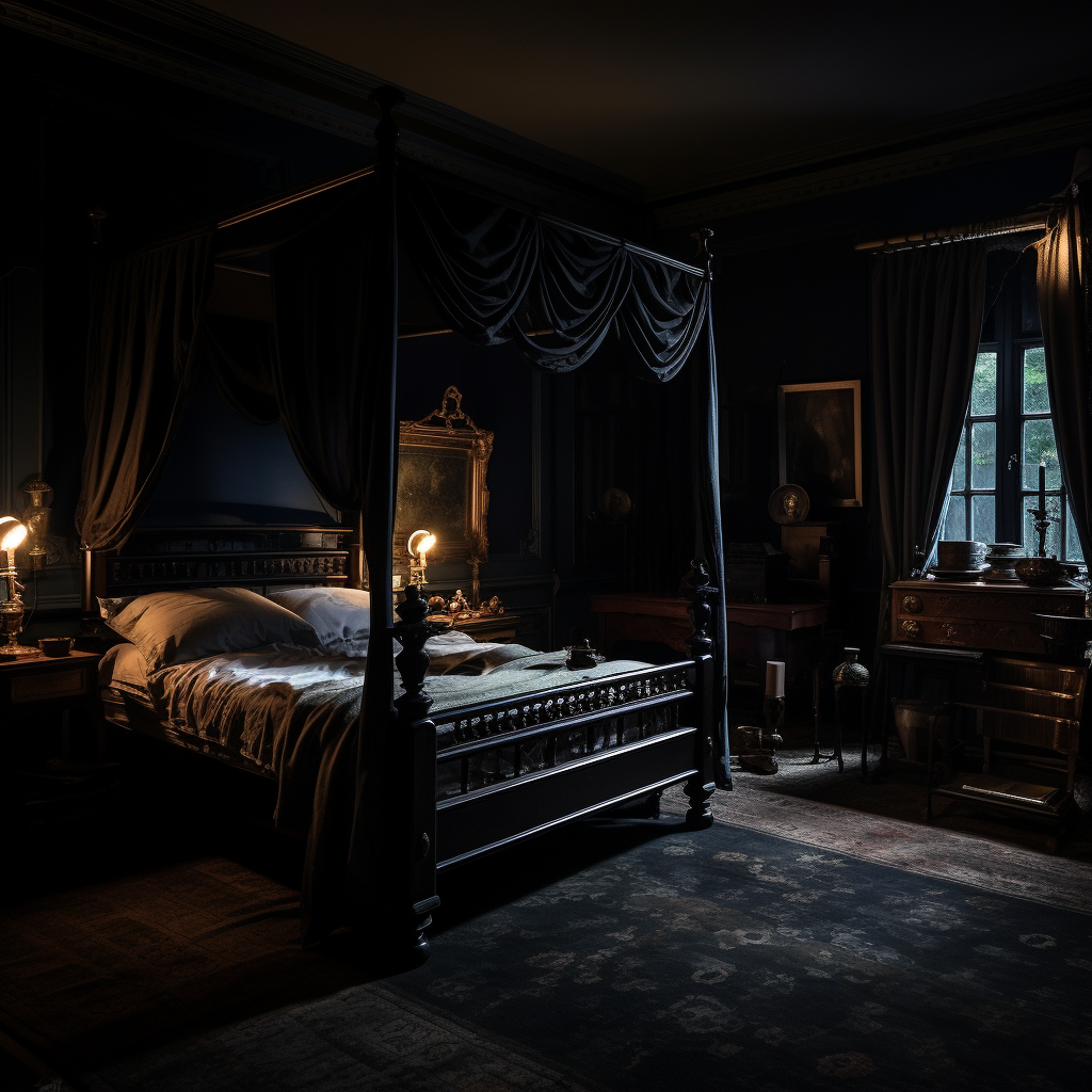 Agents in Dark Bedroom with Four-Poster Bed