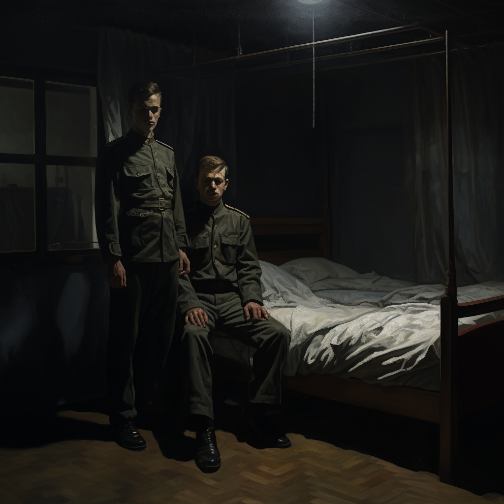 Gestapo agents in dark bedroom