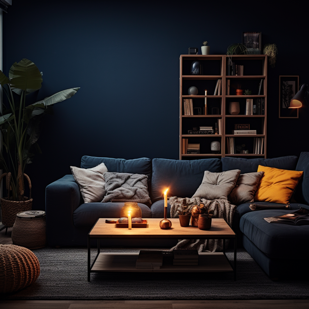 Stylish living room with dark blue accents