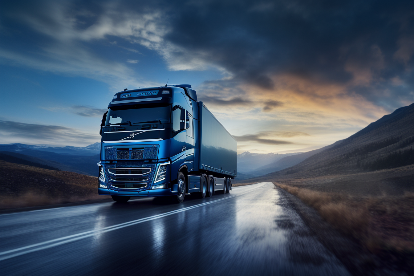 Dark blue Volvo truck on blue road