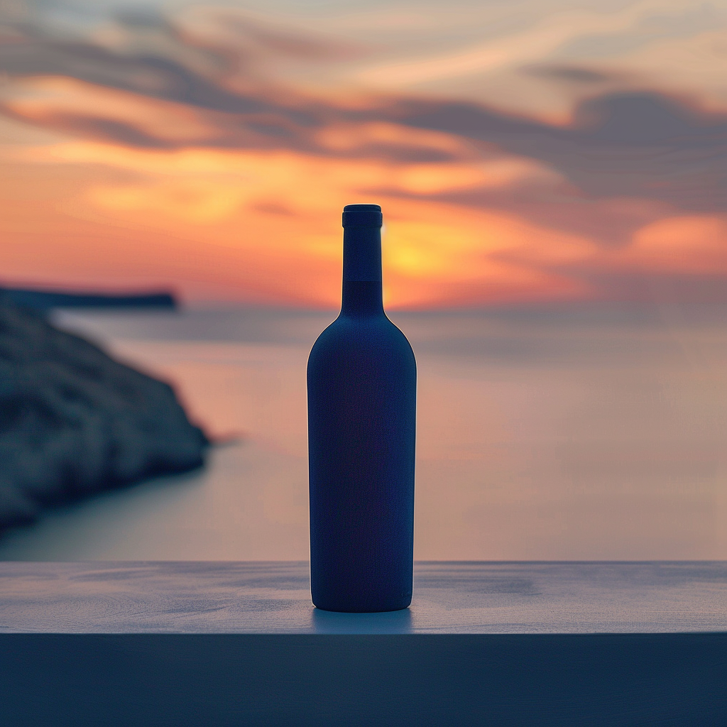 Wine bottle in calm Ibiza sunset