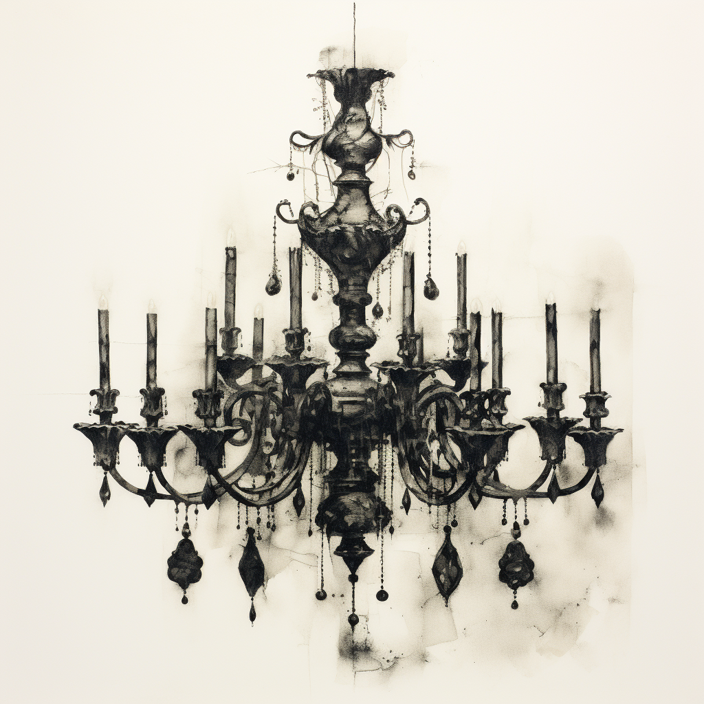 Dark chandelier etching on white background