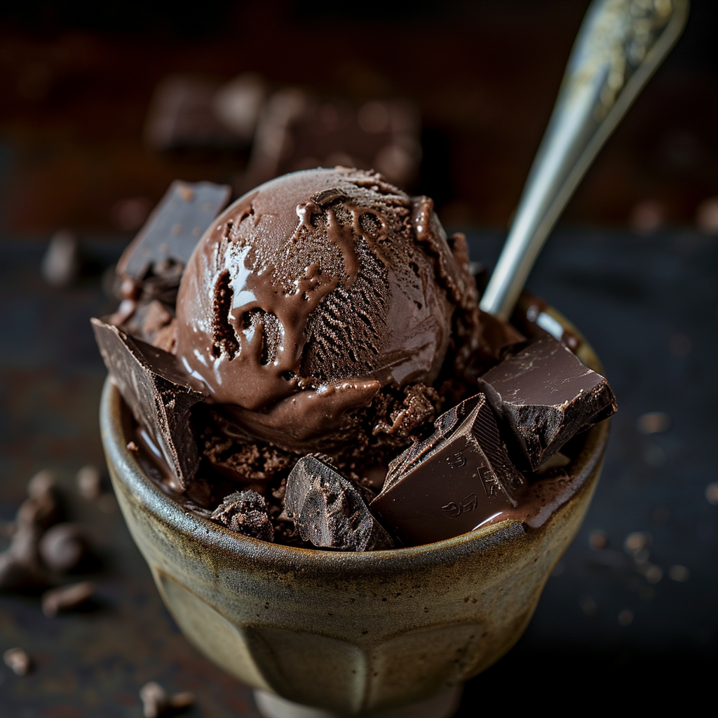 A cup of dark chocolate ice cream with cookies