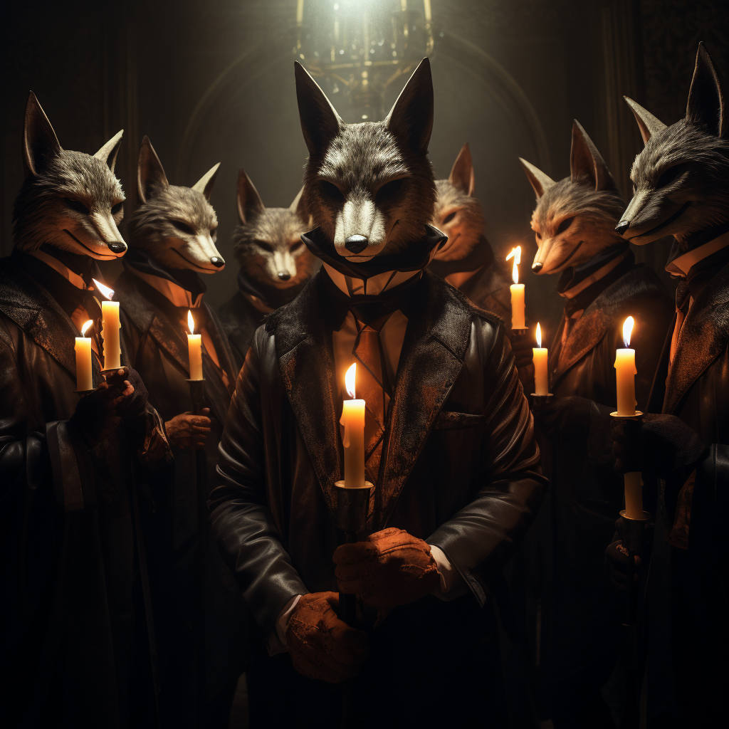 Dark cult cosplayers with fox kitsune masks and candles