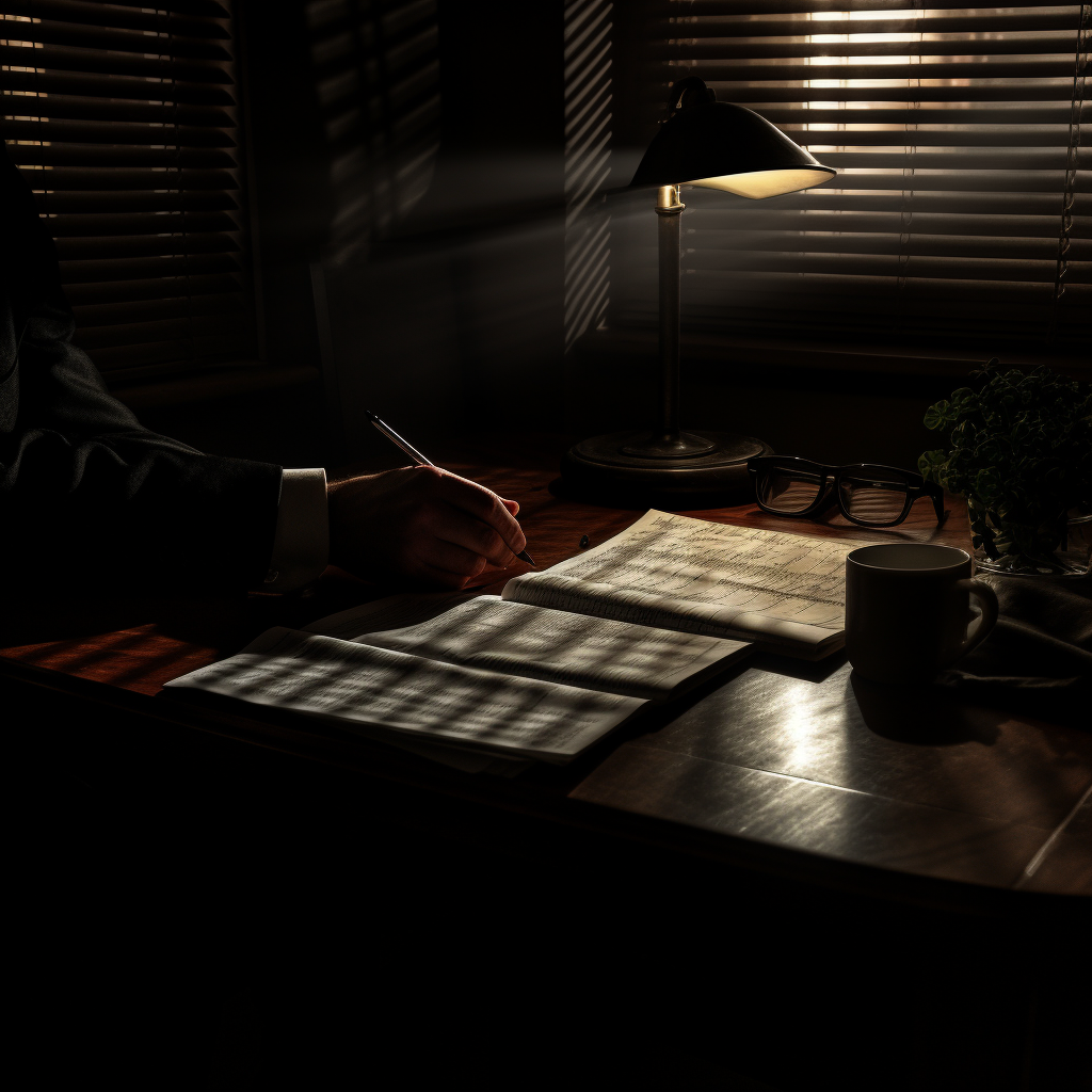 Person filling forms on dark desk