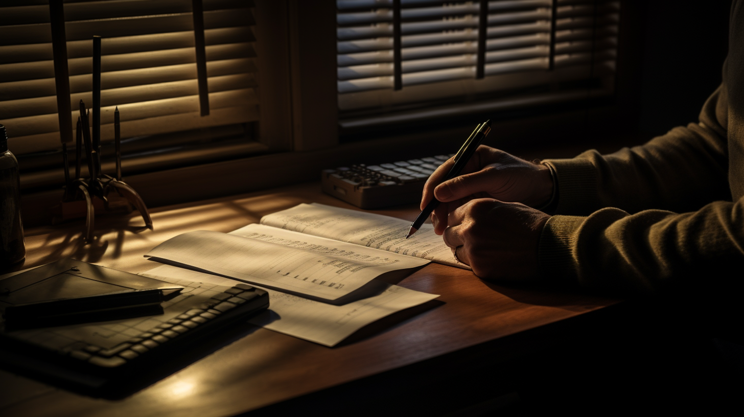 Filling forms on dark desk