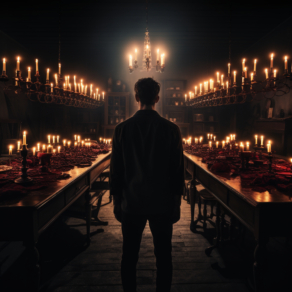 Man Standing Before Lit Dark Dinner Table