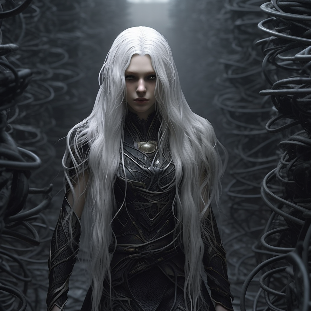 Dark elf in labyrinth with long white hair