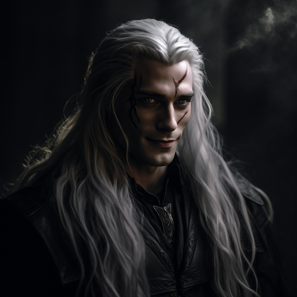 Smiling dark elf man with long white hair