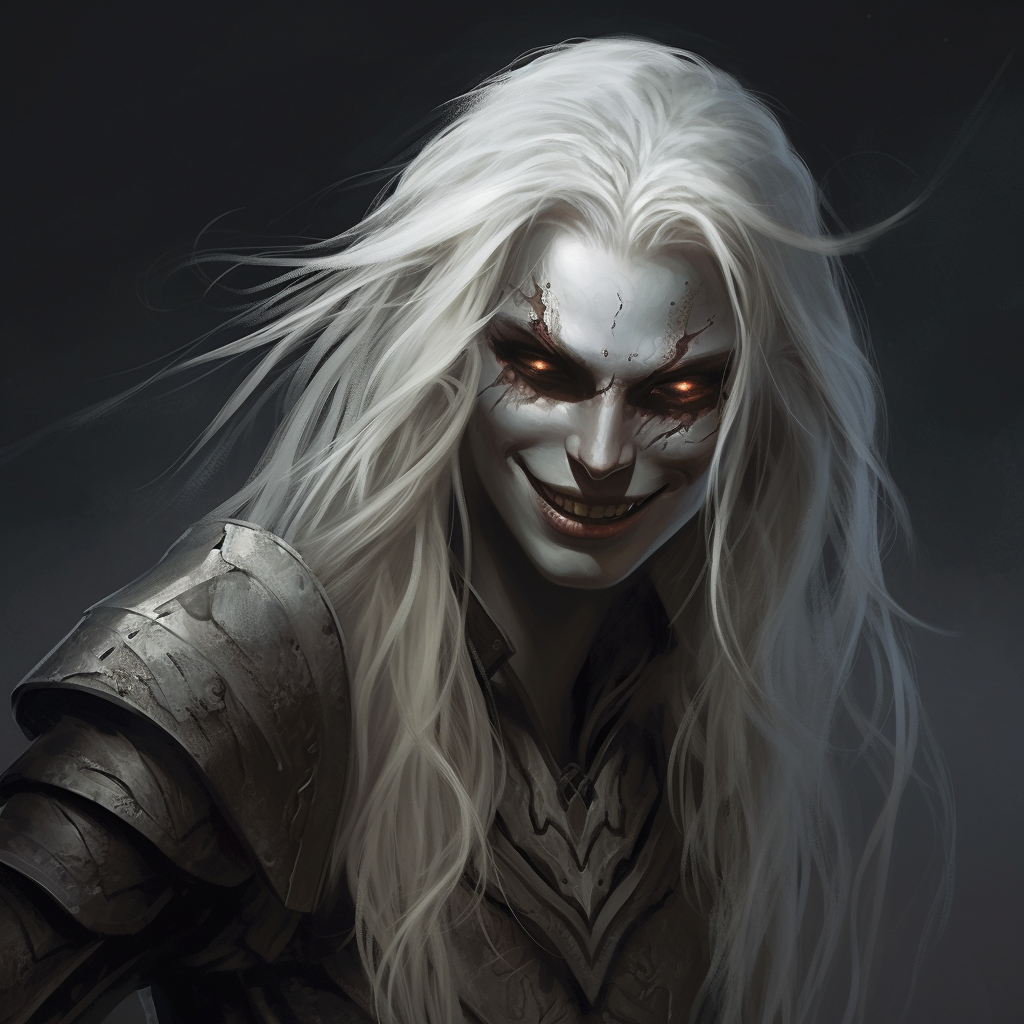 Dark elf with long white hair smiling