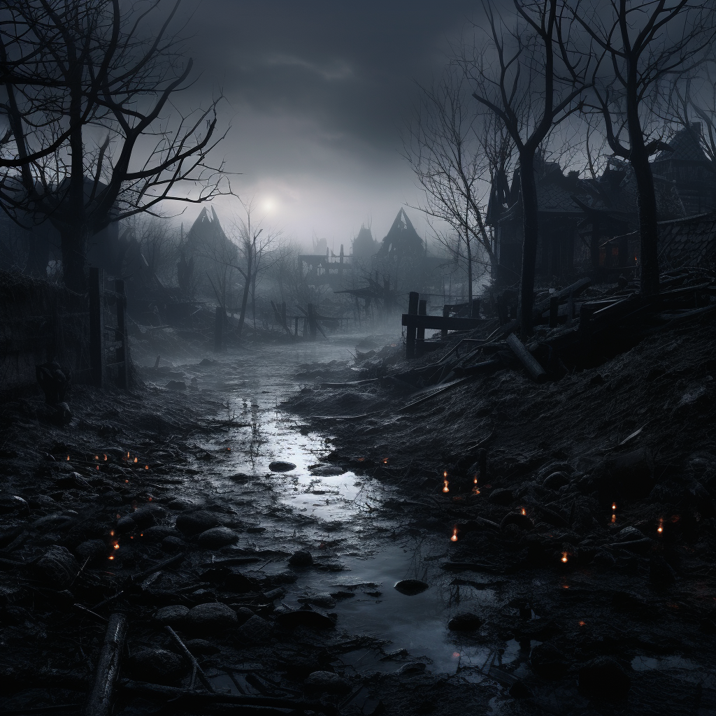 Photorealistic image of a wide shot in the dark fantasy realm