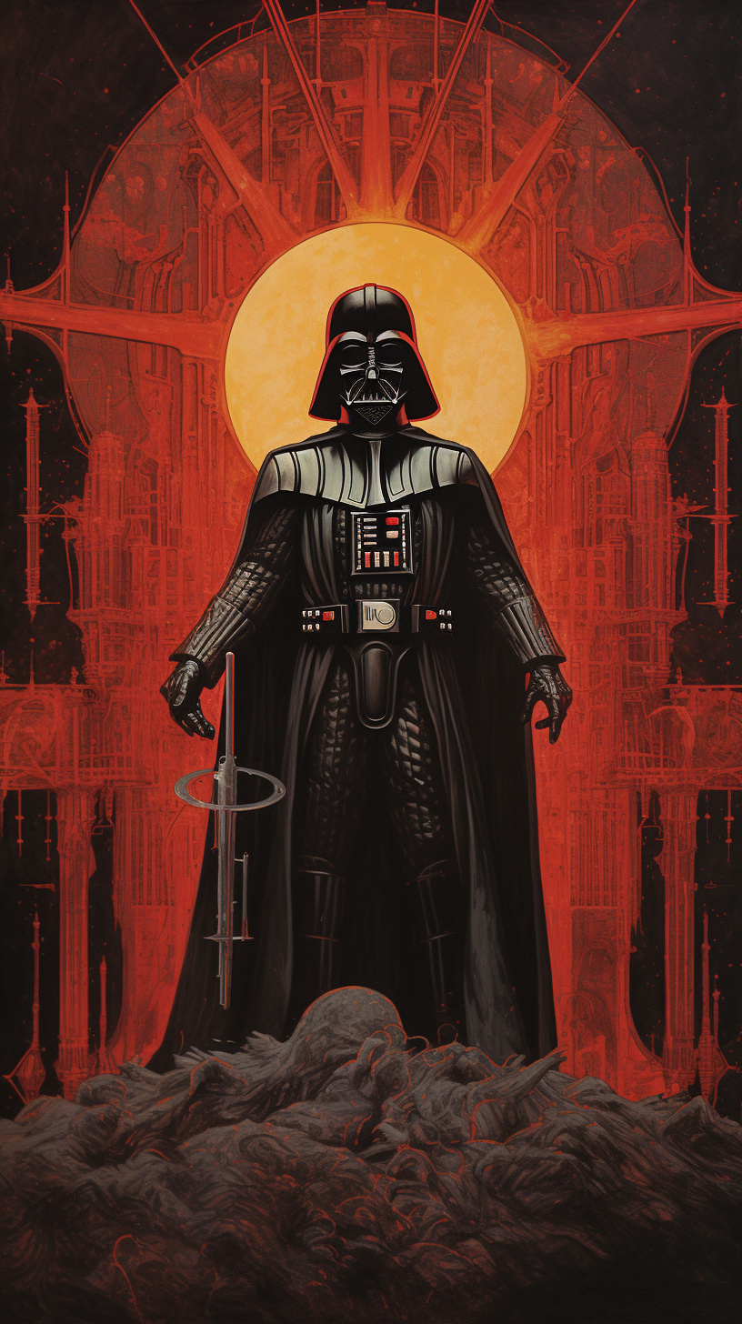 Paper art drawing of dark fantasy book cover with Darth Vader