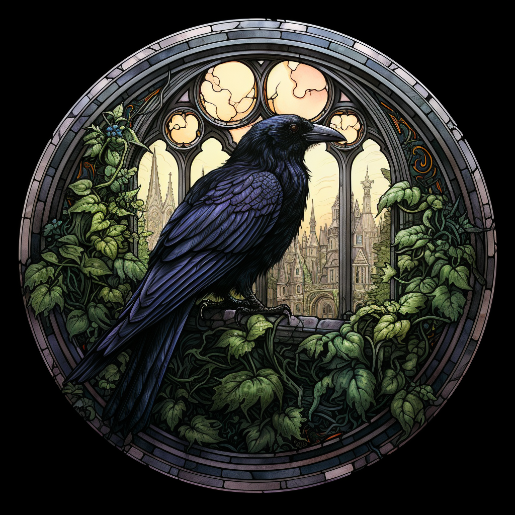 Gothic Crow Perched in Medieval Window