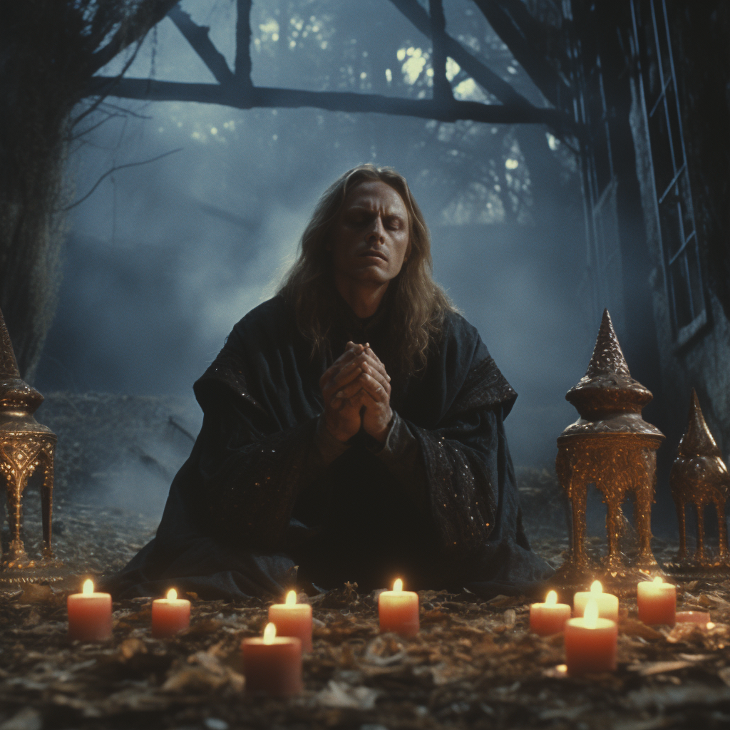 Evil cultist praying at profane altar