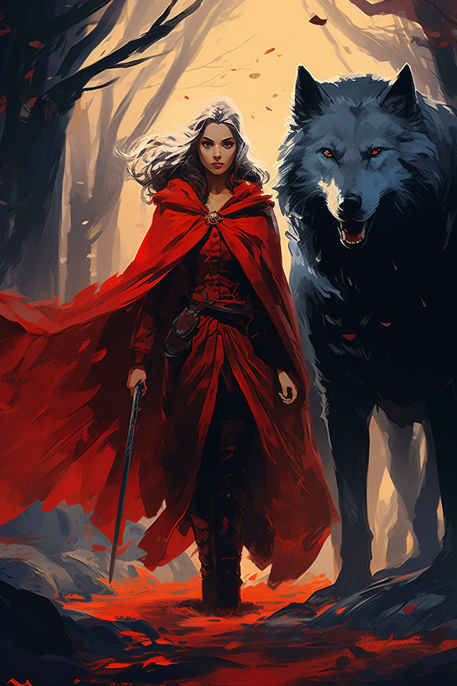 Giant black wolf and warrior woman in dark fantasy forest